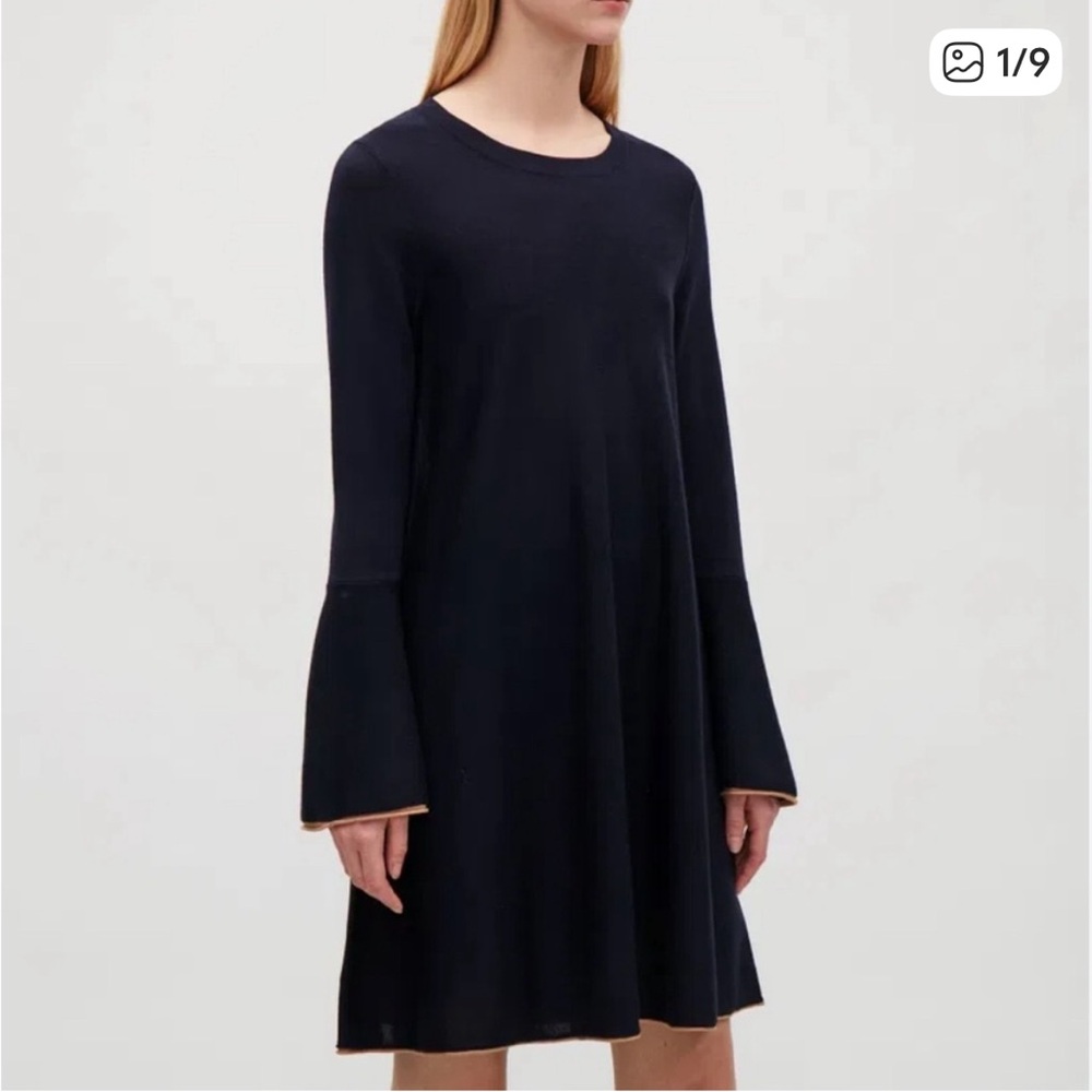 COS Navy Bell Sleeve Flared Dress